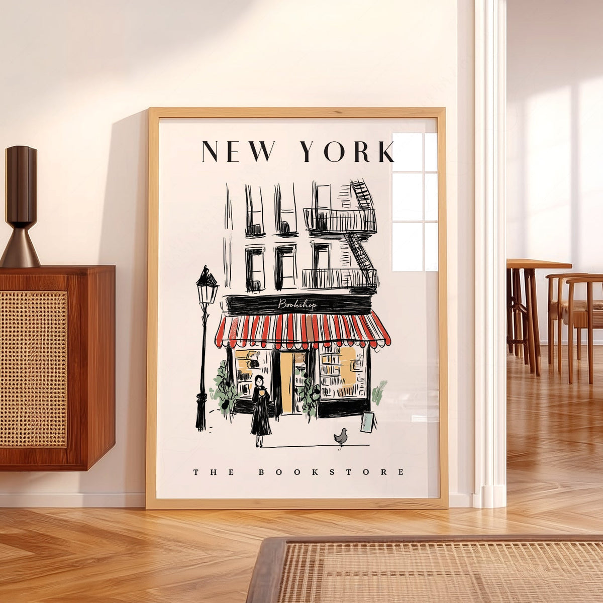 New York Bookstore Art Print – Charming City Illustration Wall Decor