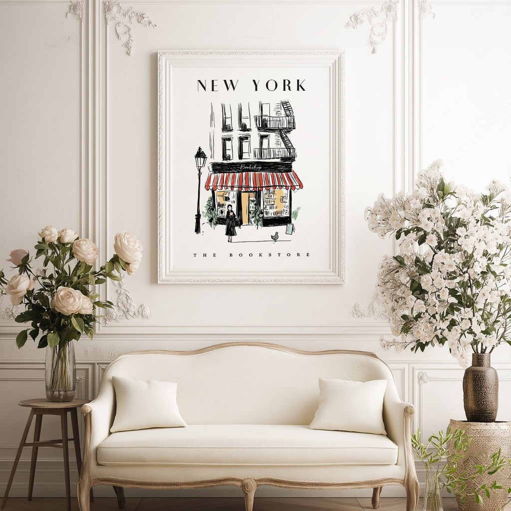 New York Bookstore Art Print – Charming City Illustration Wall Decor