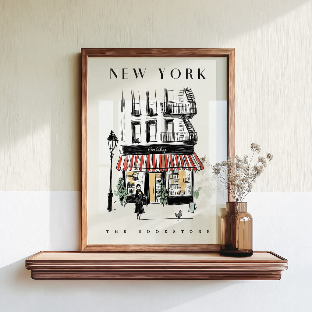New York Bookstore Art Print – Charming City Illustration Wall Decor