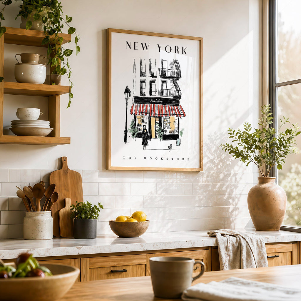 New York Bookstore Art Print – Charming City Illustration Wall Decor