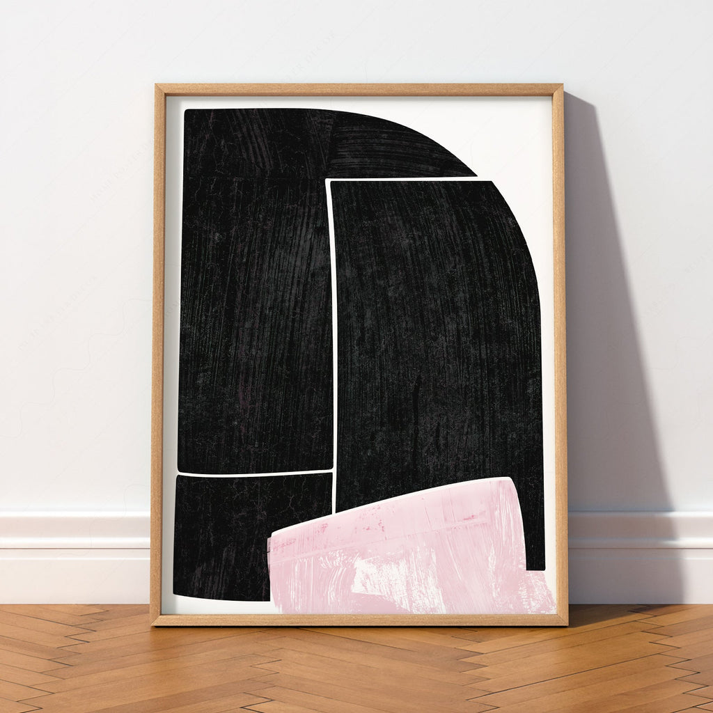 Mid-Century Modern Abstract Art Print – Black and Pink Minimalist Wall Decor