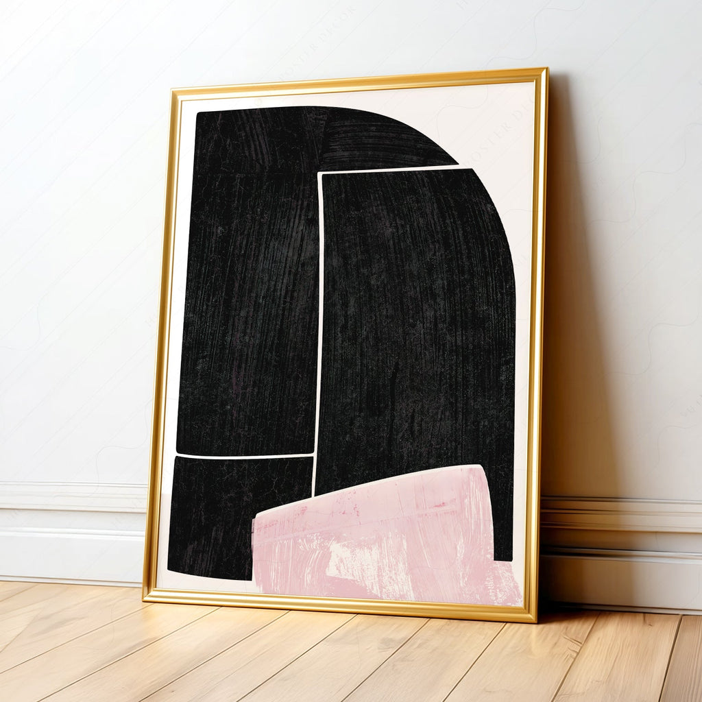 Mid-Century Modern Abstract Art Print – Black and Pink Minimalist Wall Decor
