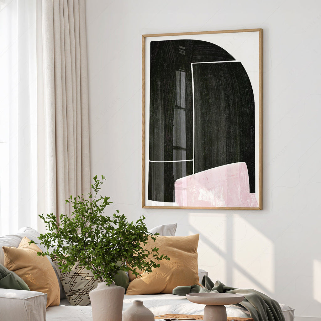 Mid-Century Modern Abstract Art Print – Black and Pink Minimalist Wall Decor