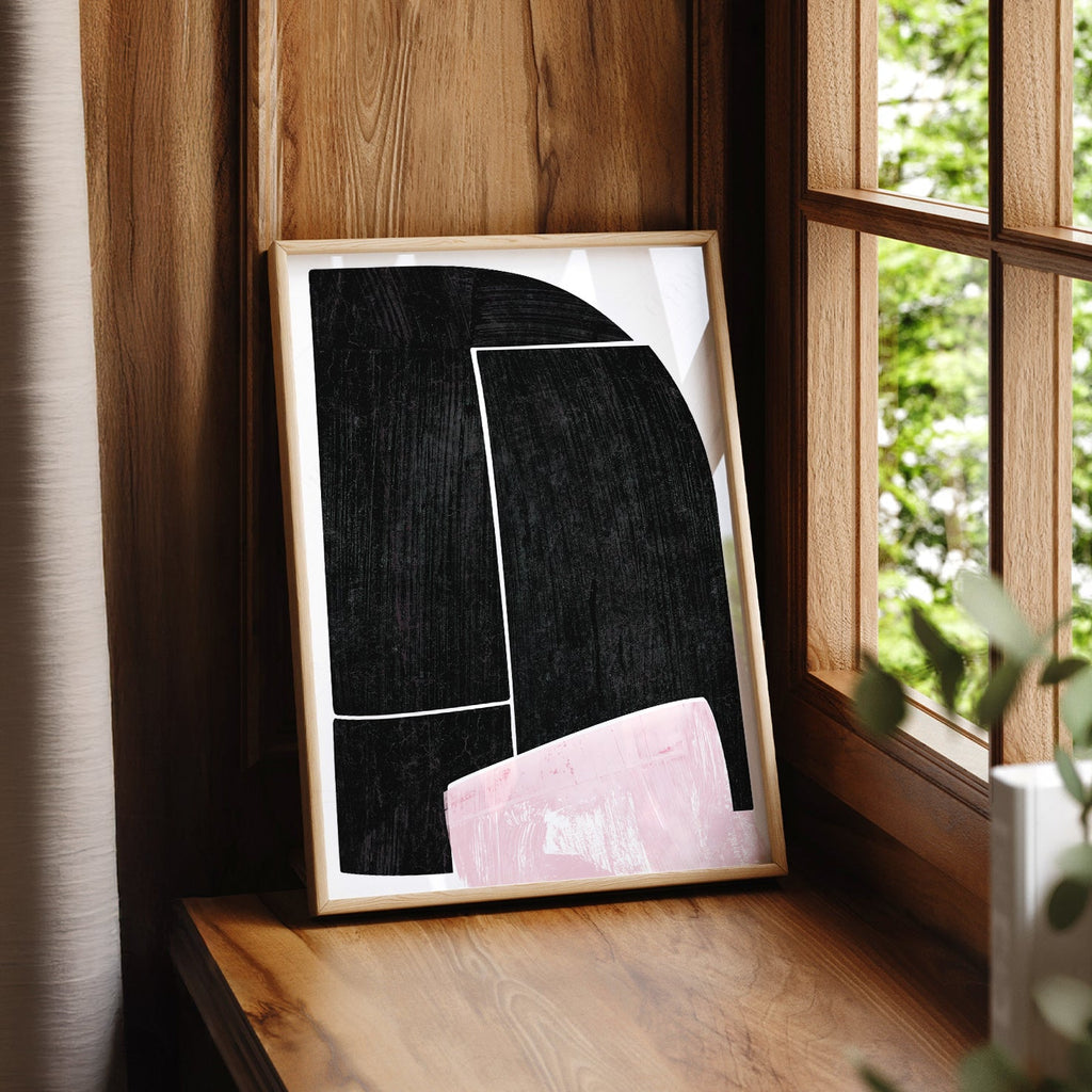 Mid-Century Modern Abstract Art Print – Black and Pink Minimalist Wall Decor