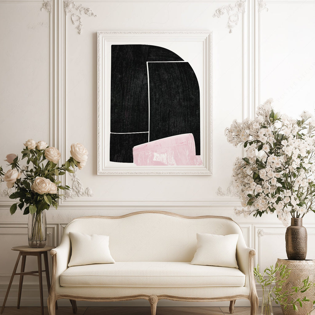 Mid-Century Modern Abstract Art Print – Black and Pink Minimalist Wall Decor