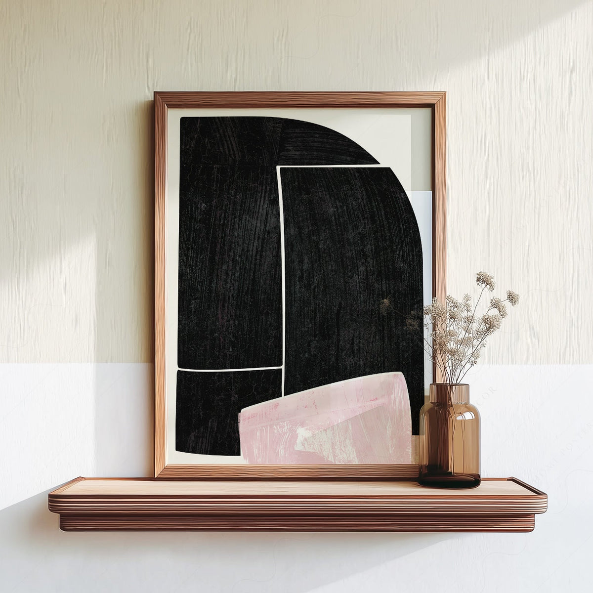 Mid-Century Modern Abstract Art Print – Black and Pink Minimalist Wall Decor