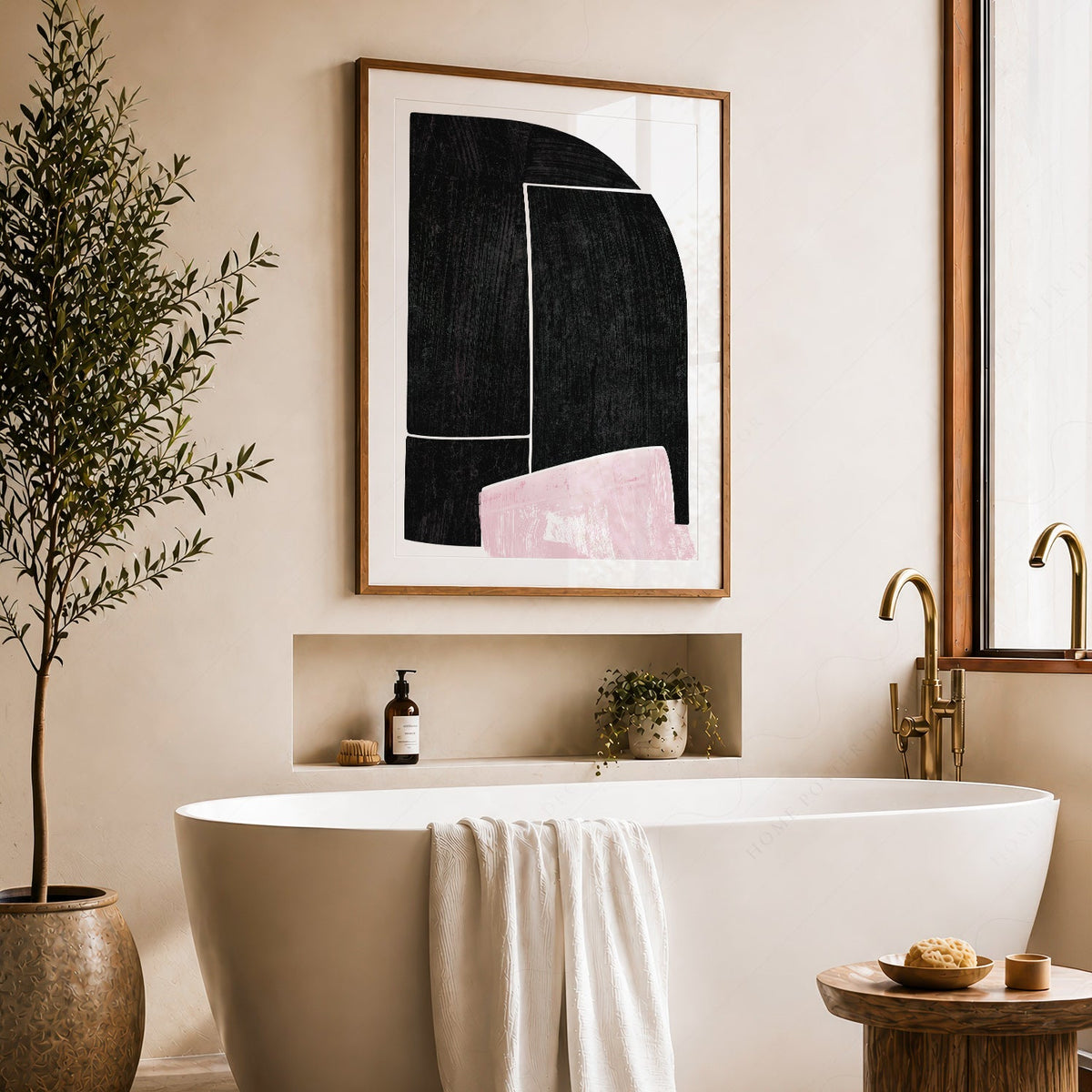 Mid-Century Modern Abstract Art Print – Black and Pink Minimalist Wall Decor