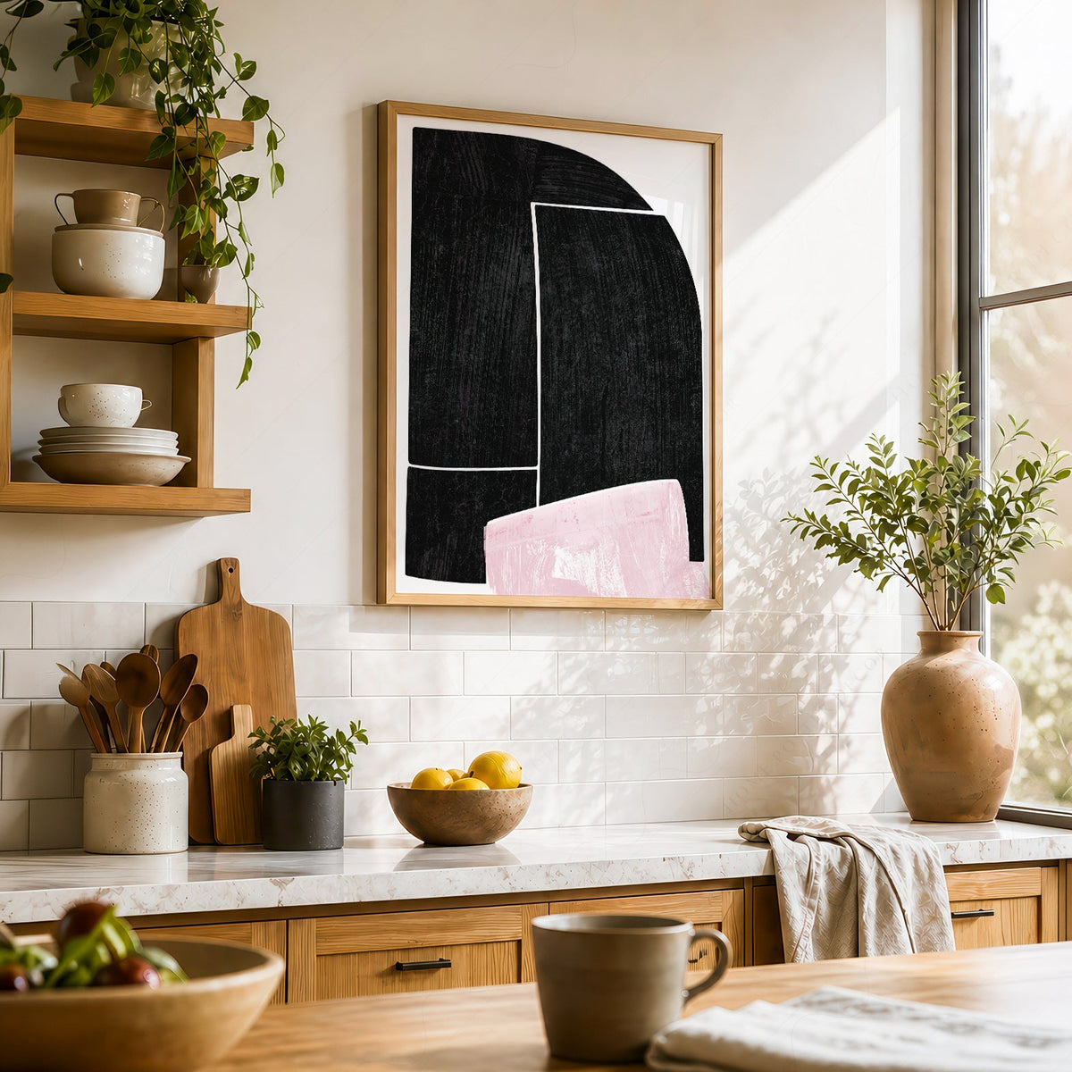 Mid-Century Modern Abstract Art Print – Black and Pink Minimalist Wall Decor