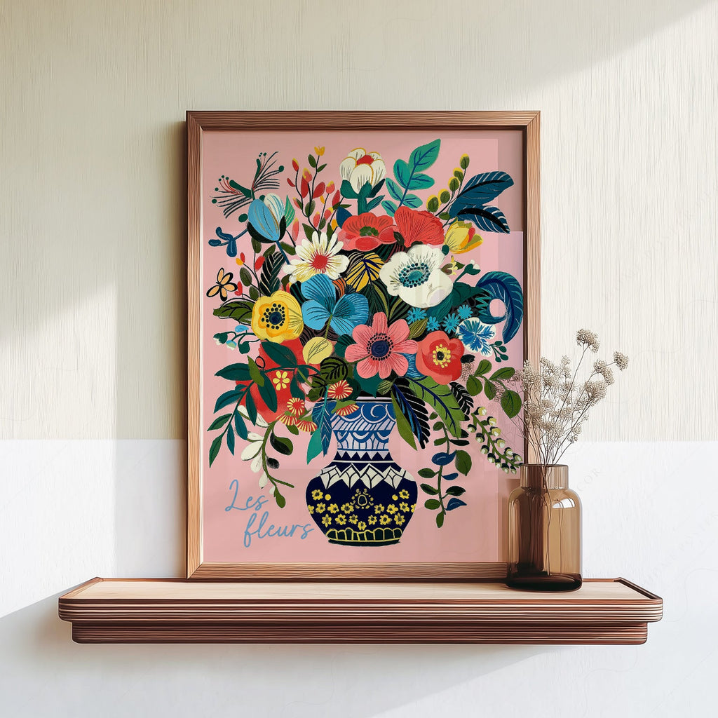 Les Fleurs Botanical Art Print – Colorful Flower Vase Wall Poster
