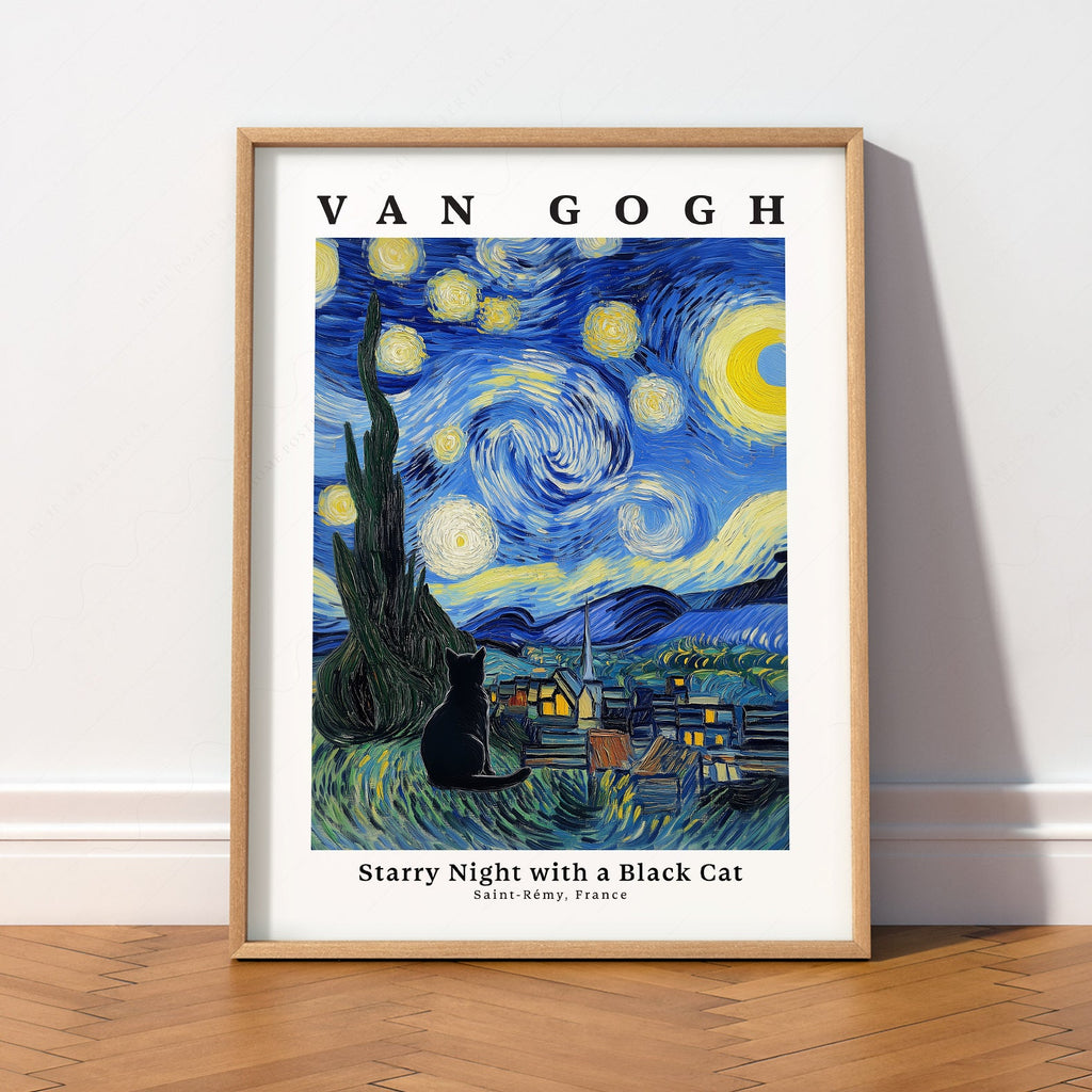 Van Gogh Starry Night with Black Cat Print – Funny Cat Lover Wall Art