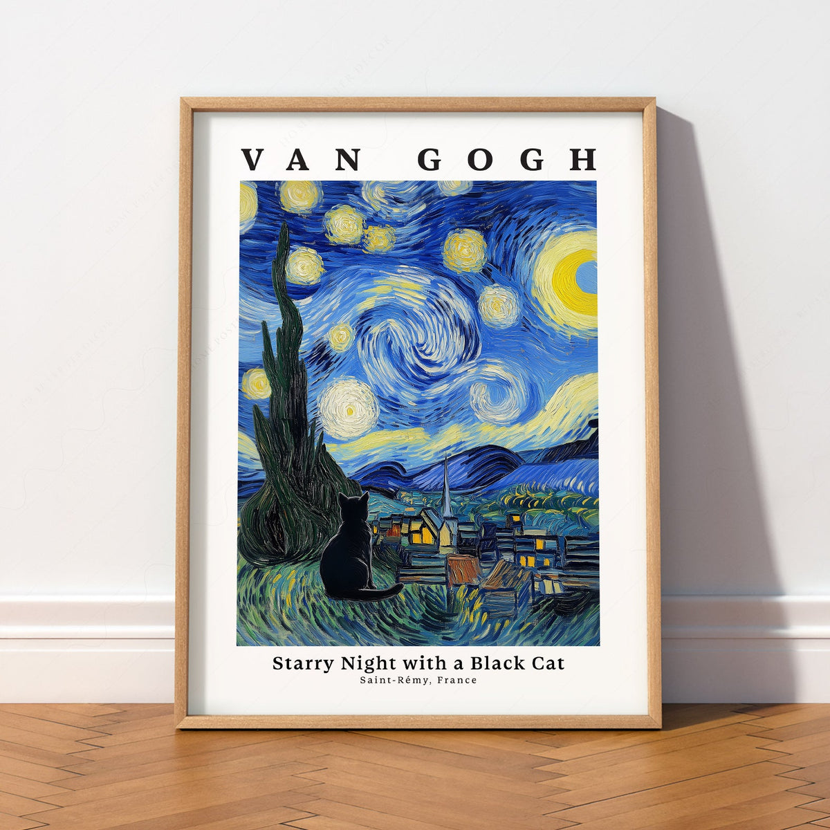 Van Gogh Starry Night with Black Cat Print – Funny Cat Lover Wall Art