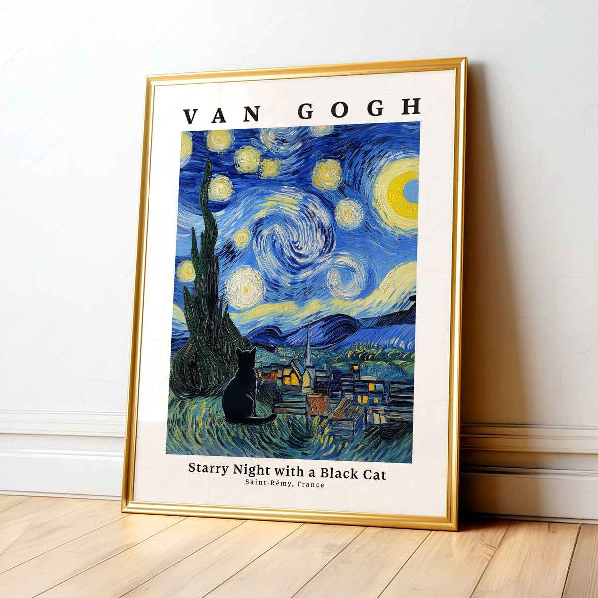 Van Gogh Starry Night with Black Cat Print – Funny Cat Lover Wall Art