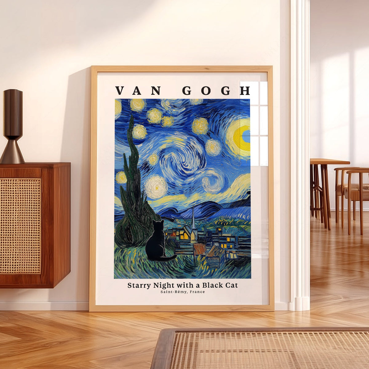 Van Gogh Starry Night with Black Cat Print – Funny Cat Lover Wall Art