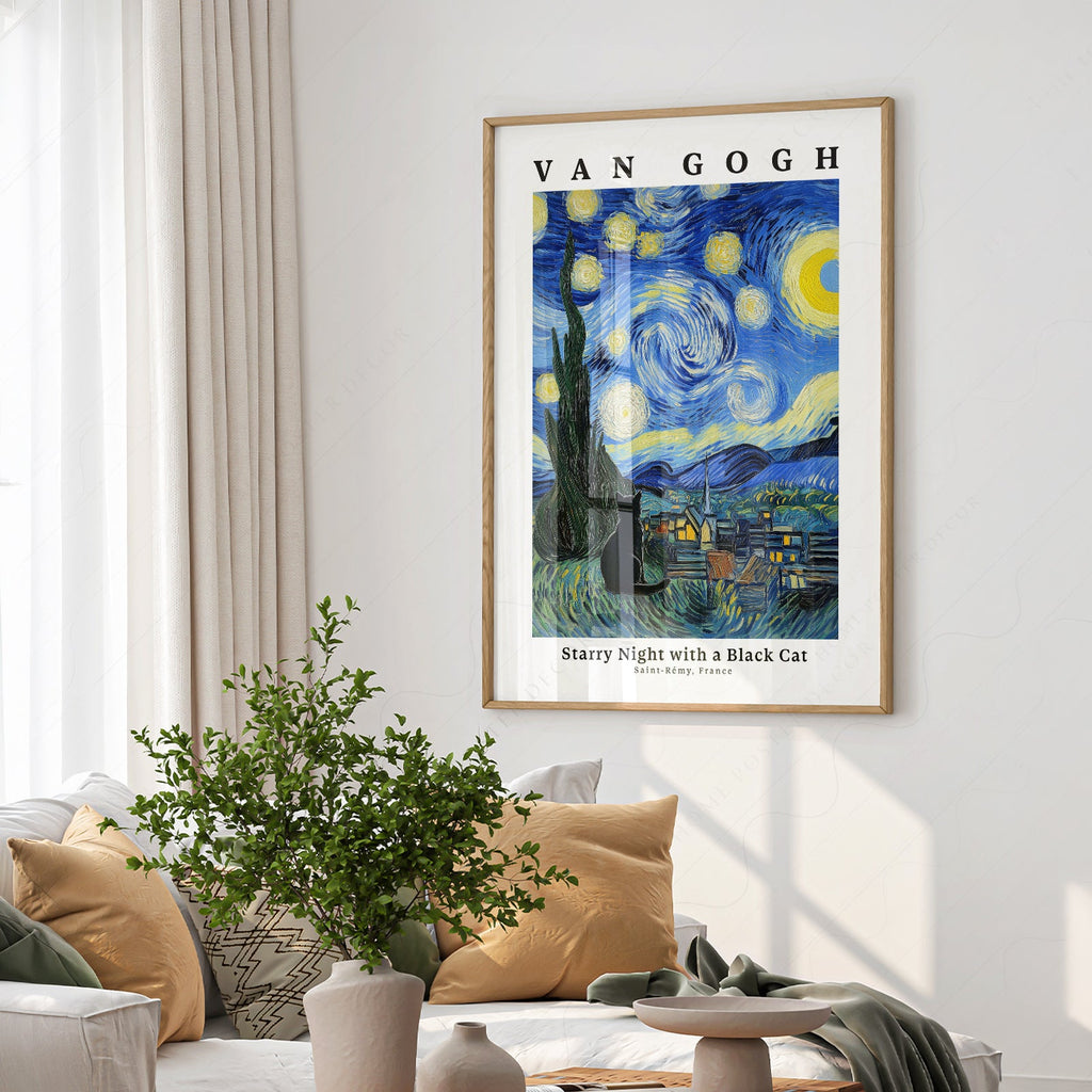 Van Gogh Starry Night with Black Cat Print – Funny Cat Lover Wall Art