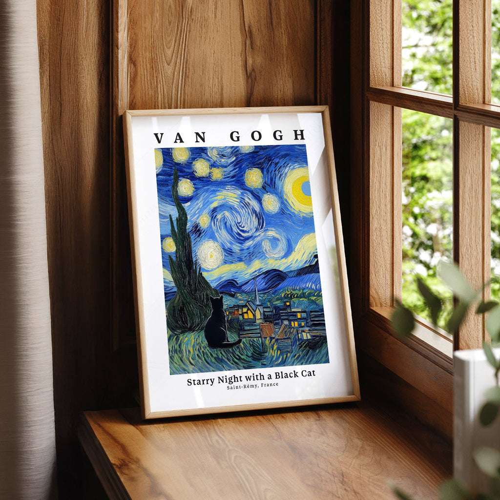 Van Gogh Starry Night with Black Cat Print – Funny Cat Lover Wall Art