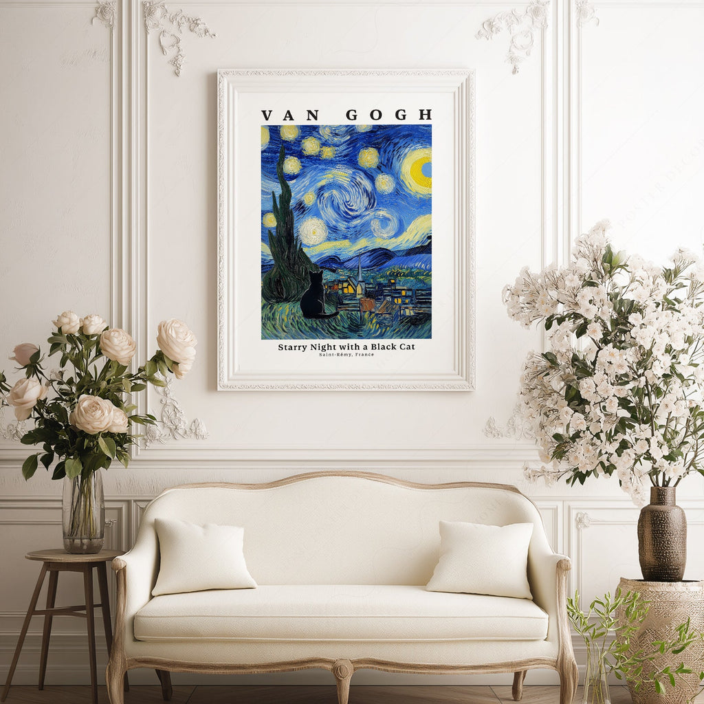 Van Gogh Starry Night with Black Cat Print – Funny Cat Lover Wall Art