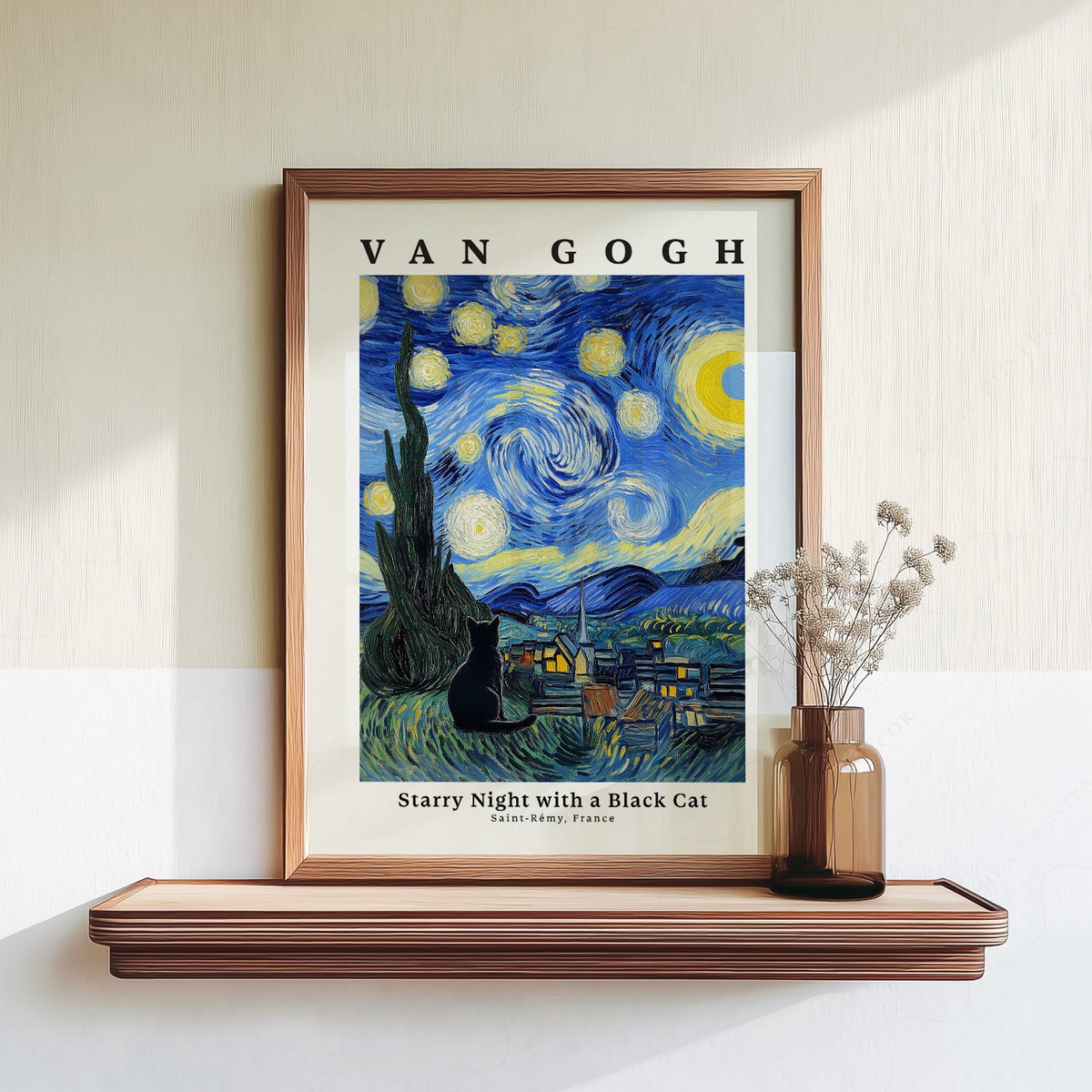 Van Gogh Starry Night with Black Cat Print – Funny Cat Lover Wall Art