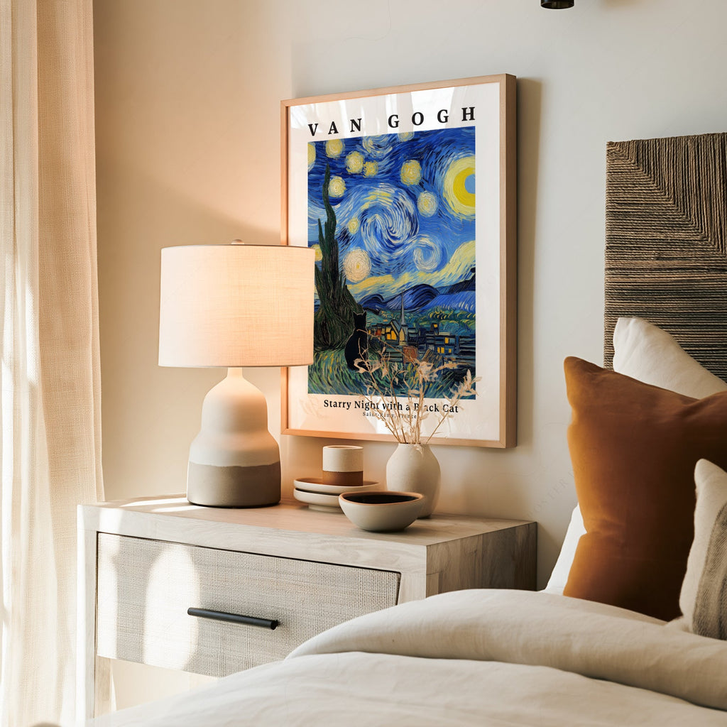 Van Gogh Starry Night with Black Cat Print – Funny Cat Lover Wall Art