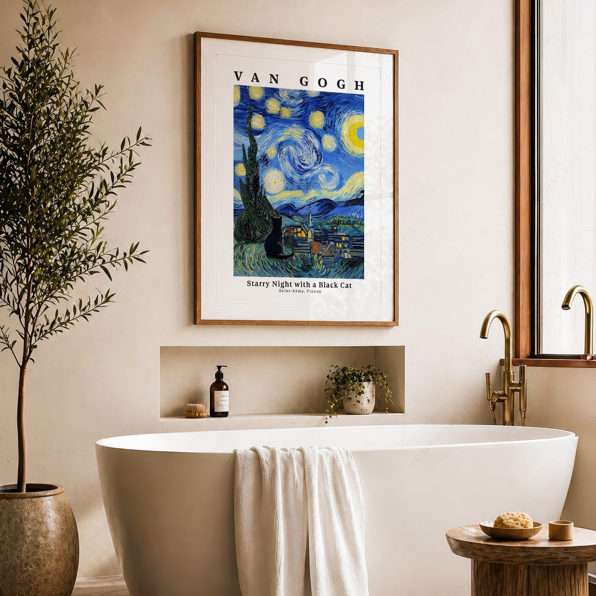 Van Gogh Starry Night with Black Cat Print – Funny Cat Lover Wall Art
