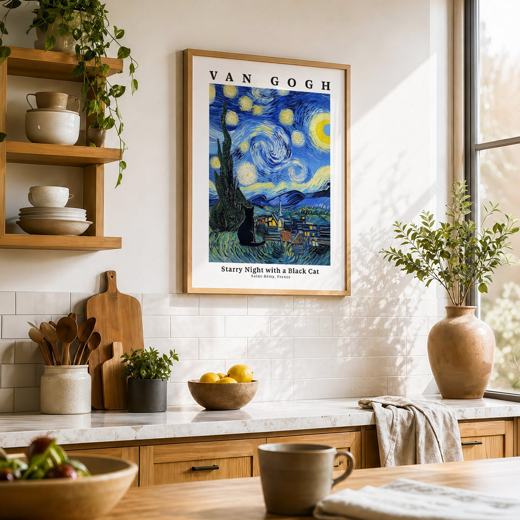 Van Gogh Starry Night with Black Cat Print – Funny Cat Lover Wall Art