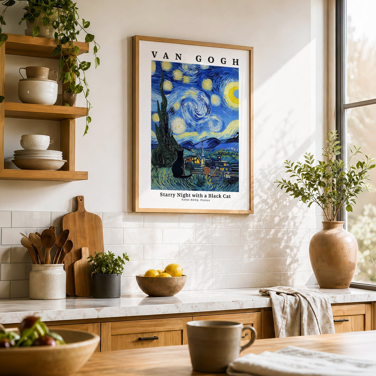 Van Gogh Starry Night with Black Cat Print – Funny Cat Lover Wall Art