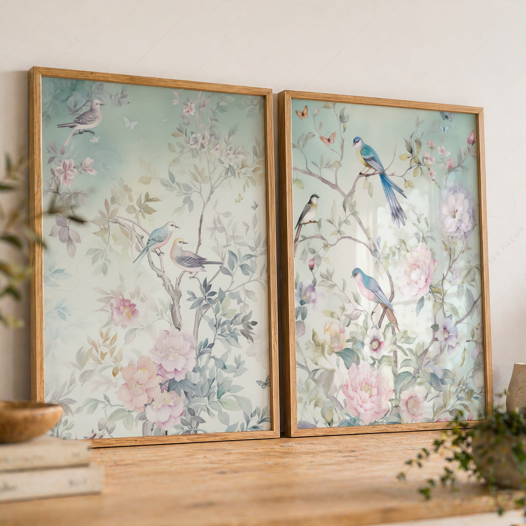 Chinoiserie Bird and Floral Print Set of 2 – Soft Pastel Nursery Wall Art