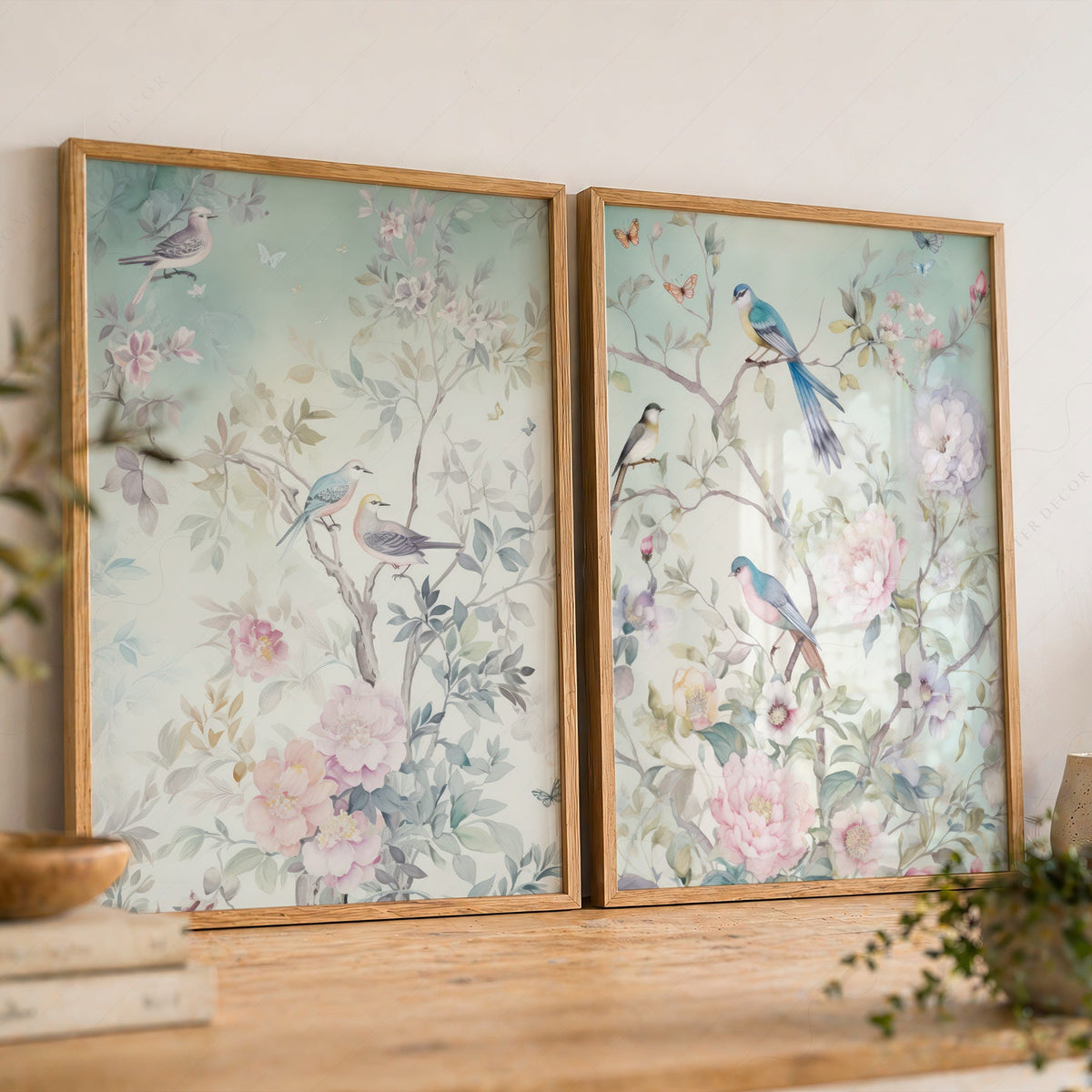 Chinoiserie Bird and Floral Print Set of 2 – Soft Pastel Nursery Wall Art