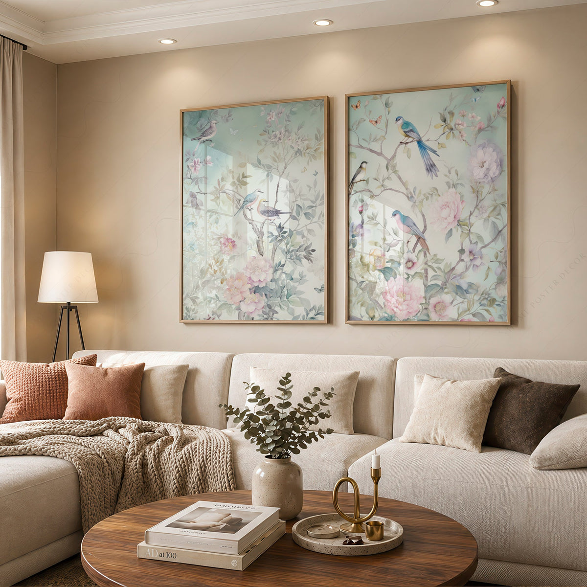 Chinoiserie Bird and Floral Print Set of 2 – Soft Pastel Nursery Wall Art
