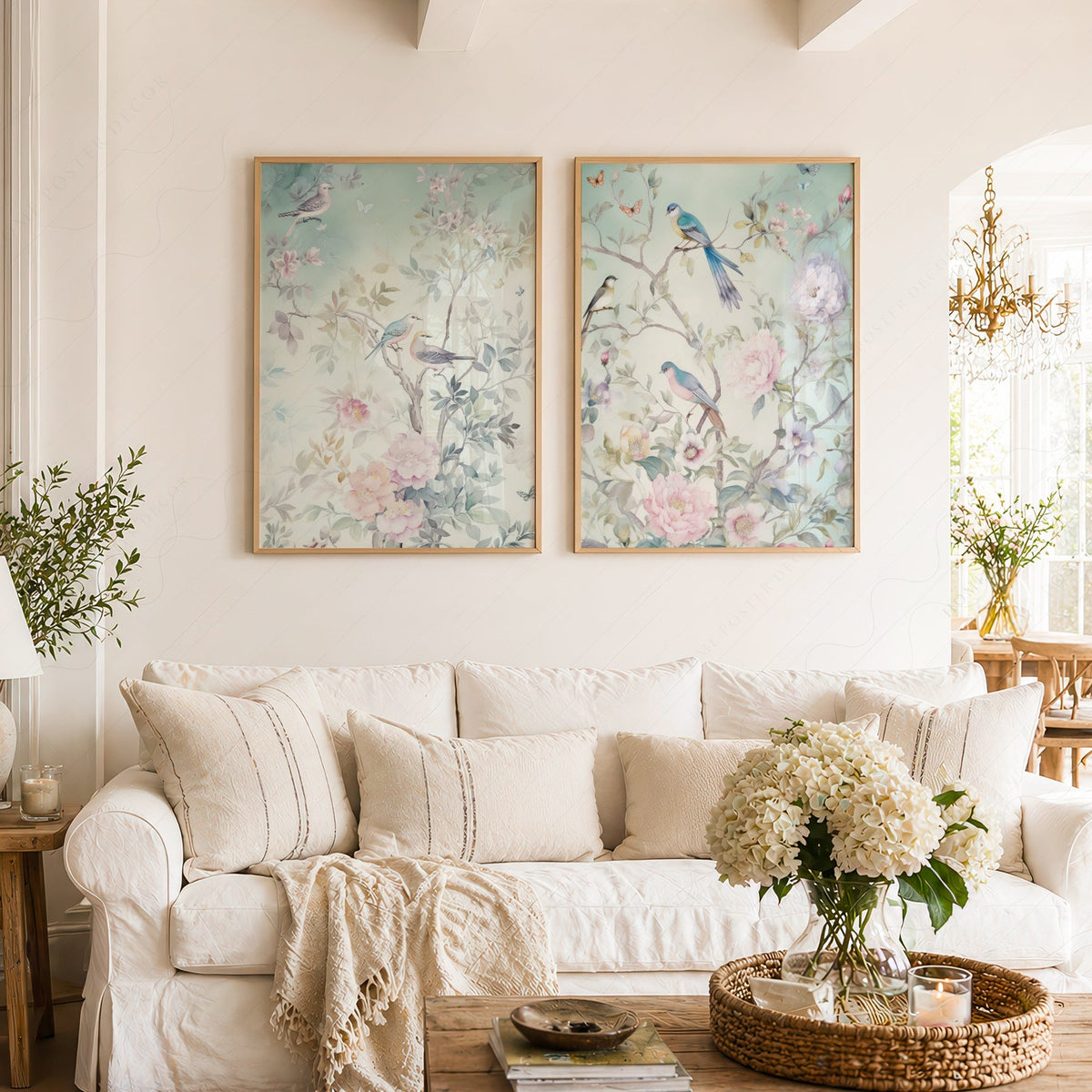 Chinoiserie Bird and Floral Print Set of 2 – Soft Pastel Nursery Wall Art