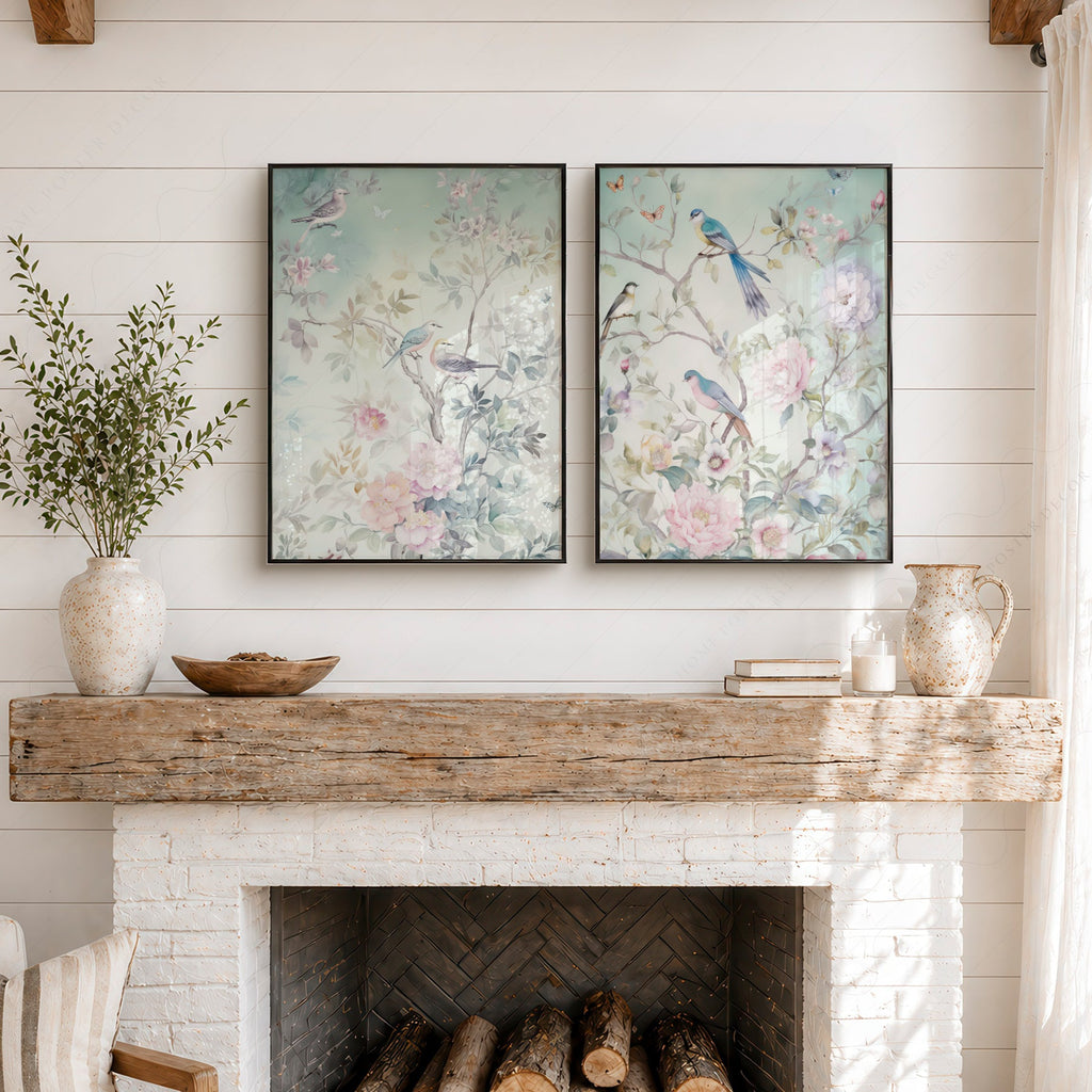 Chinoiserie Bird and Floral Print Set of 2 – Soft Pastel Nursery Wall Art