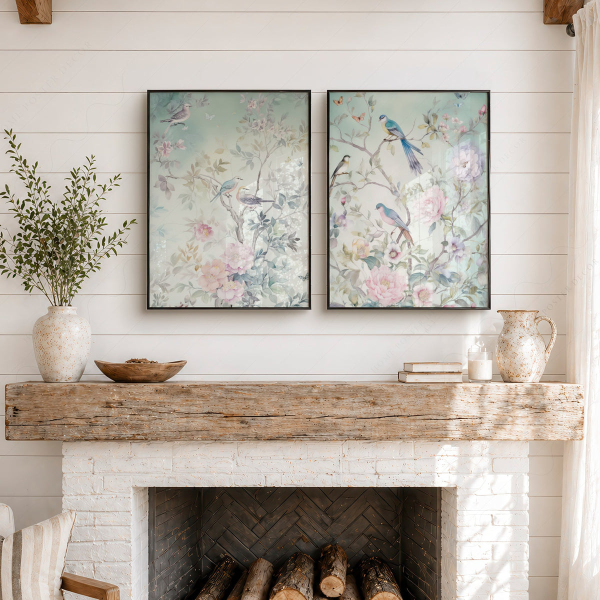 Chinoiserie Bird and Floral Print Set of 2 – Soft Pastel Nursery Wall Art
