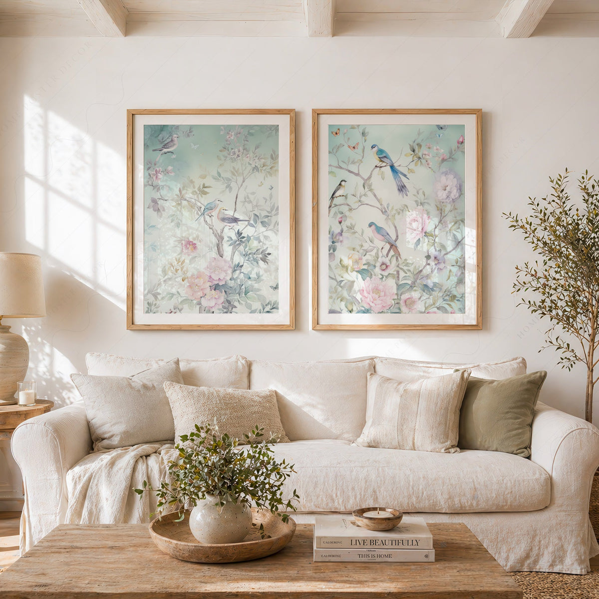 Chinoiserie Bird and Floral Print Set of 2 – Soft Pastel Nursery Wall Art