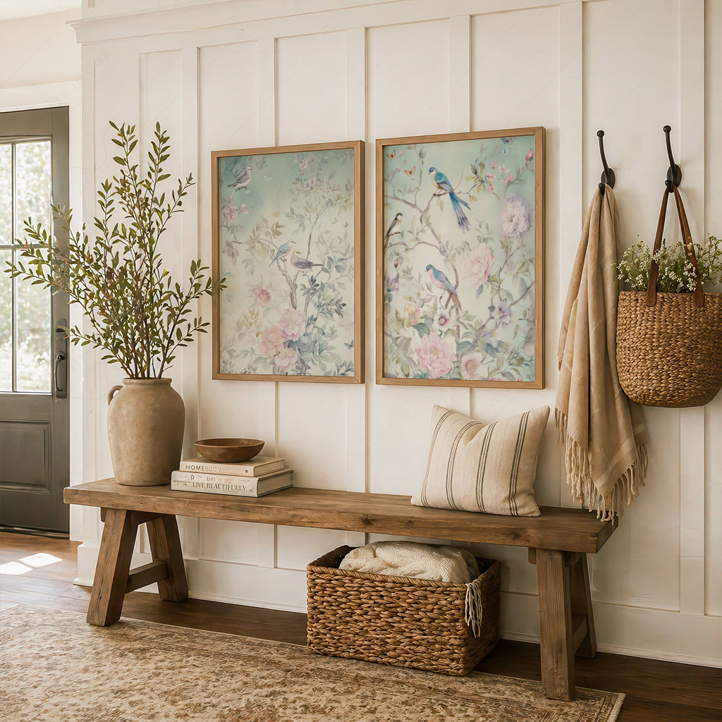 Chinoiserie Bird and Floral Print Set of 2 – Soft Pastel Nursery Wall Art