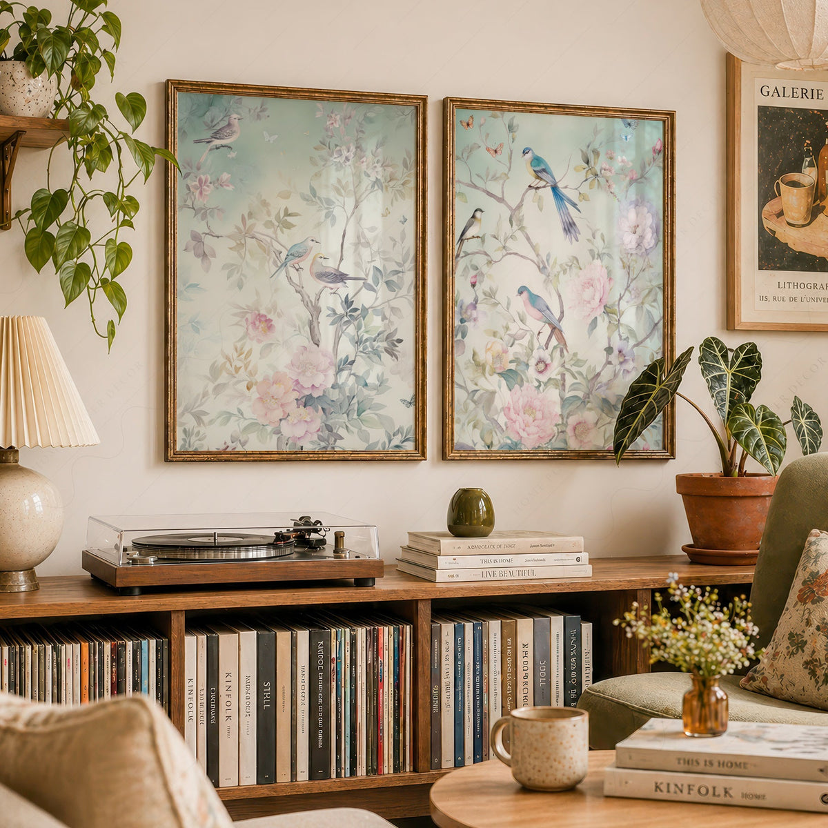 Chinoiserie Bird and Floral Print Set of 2 – Soft Pastel Nursery Wall Art