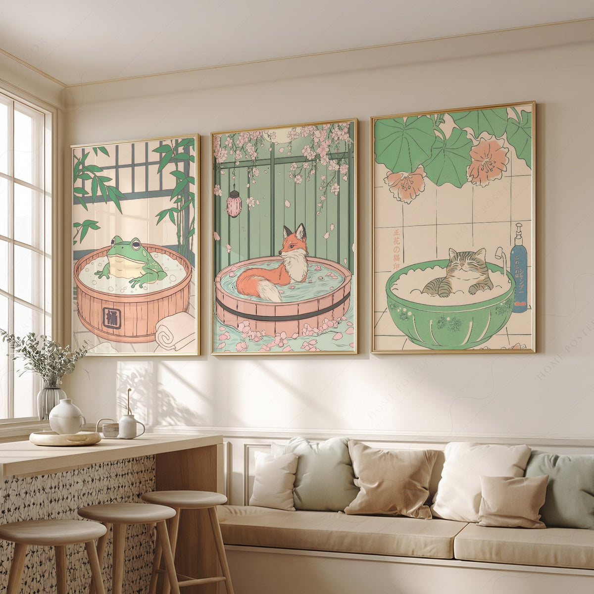 Japanese Spa Animals Print Set – Cat Fox Frog Nursery Wall Art Decor
