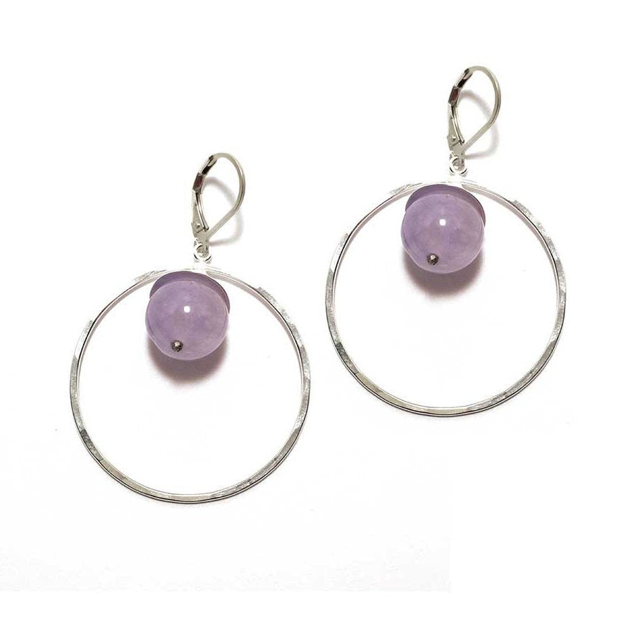 Boucles d'oreilles en améthyste, créoles en argent martelé, pierre de naissance de février, cadeau pour femme