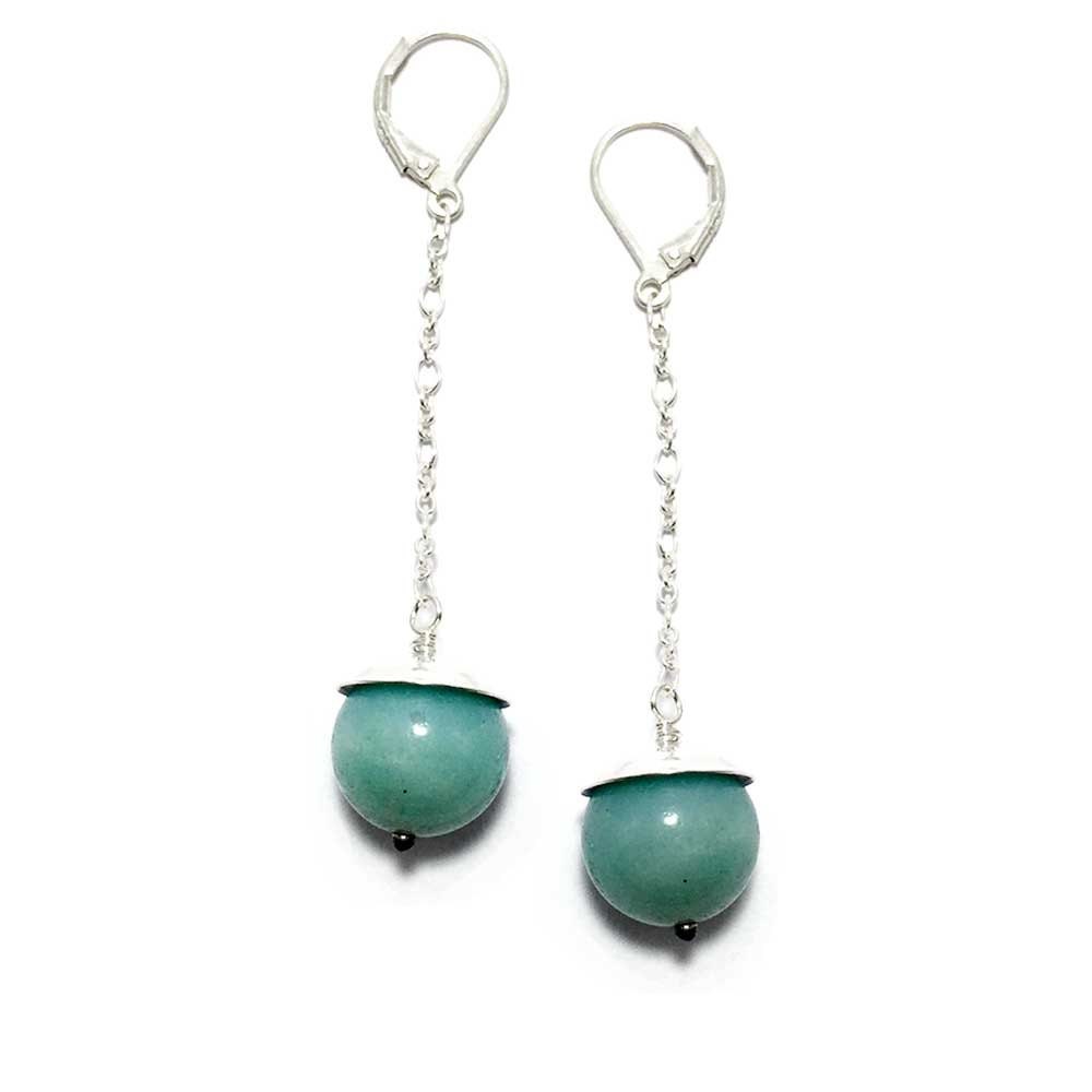 Boucles d'oreilles boule et chaîne bleu aqua - Pierre précieuse amazonite, longues boucles d'oreilles pendantes