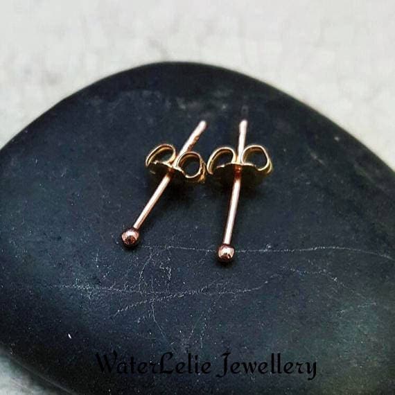 14K Solid Gold Tiny Ball Stud Earrings: 2mm Rose Gold, 21 Gauge