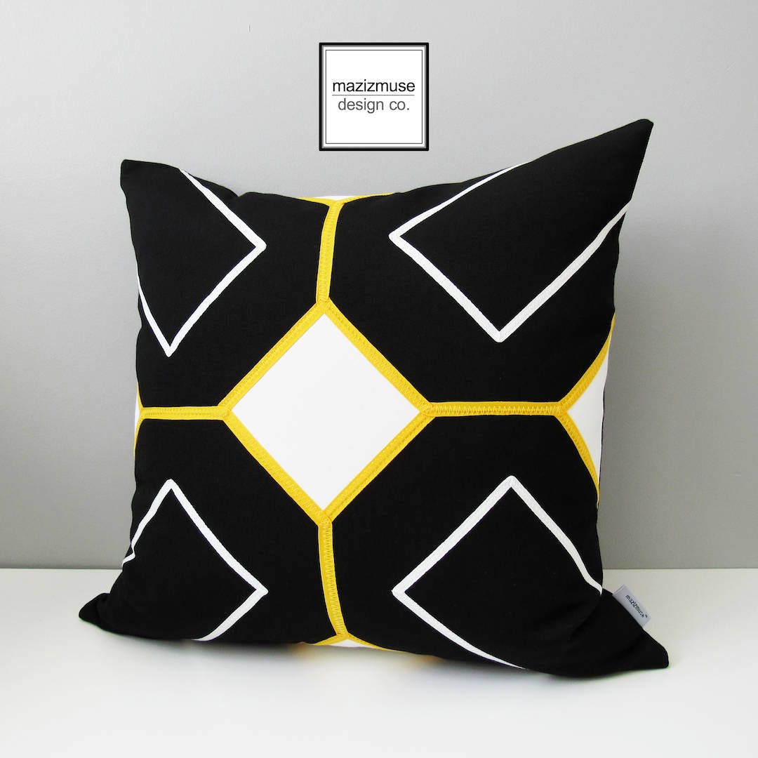 Modern Black & White Sunbrella Outdoor Pillow Cover with Yellow Geometric Trim