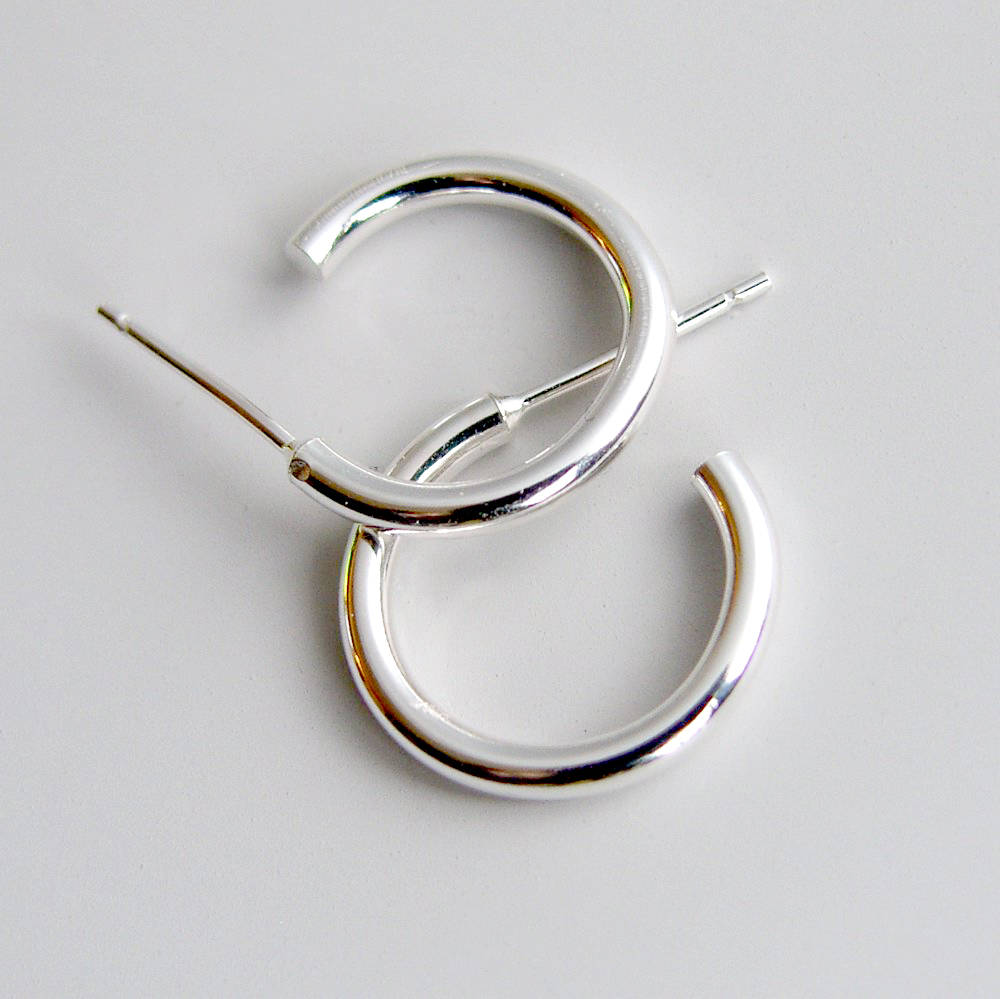 Sterling Silver Hoops 1 inch  25mm Stud Hoop Earrings Hammered Hoops Silver Studs