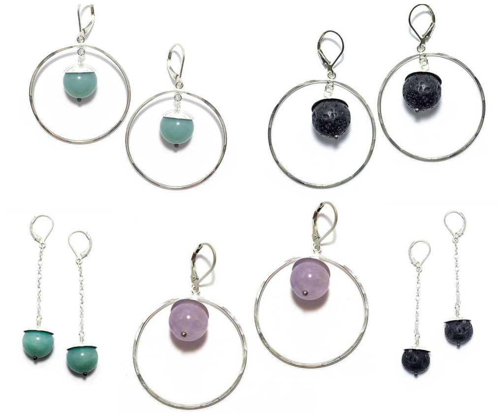 Boucles d'oreilles créoles en argent, boucles d'oreilles en argent martelé, boucles d'oreilles en marbre blanc, cadeau pour femme, boucles d'oreilles créoles bohèmes, cadeau pour amie