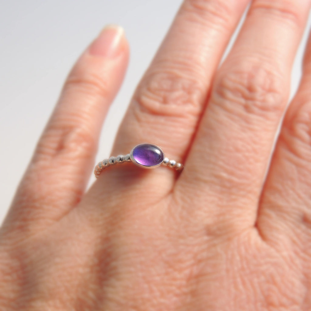Bague solitaire en argent sterling avec améthyste ovale et pierre précieuse