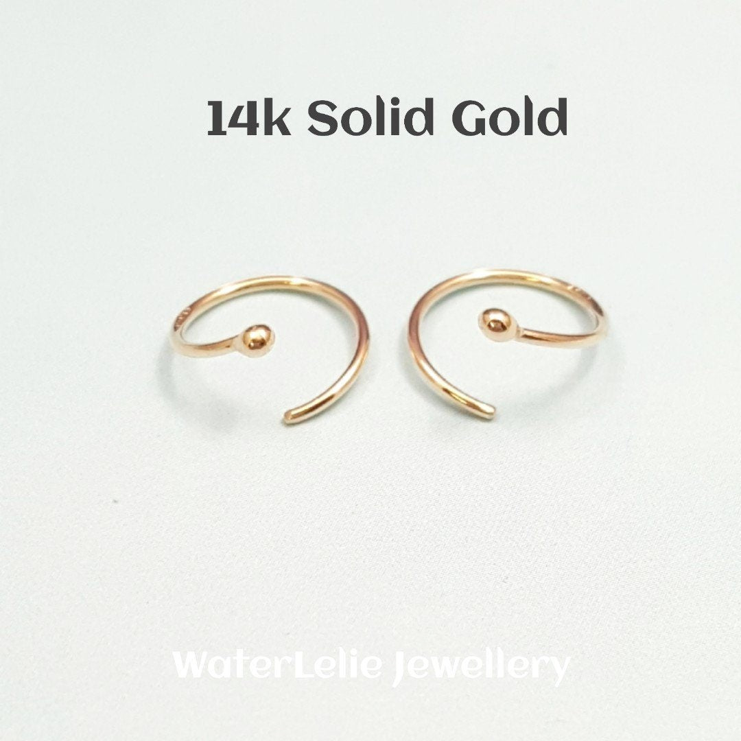 14k Gold Spiral Huggie Earrings: Solid Gold Hoops