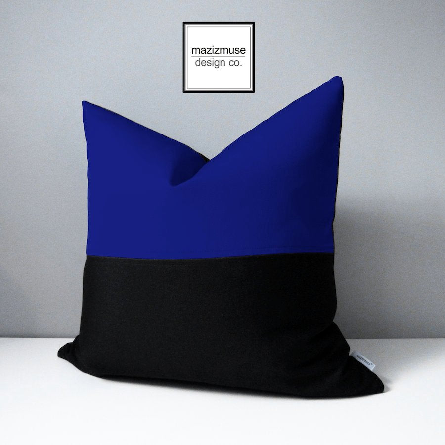 Housse de coussin d'extérieur Sunbrella noir et bleu véritable, housse de coussin à blocs de couleurs