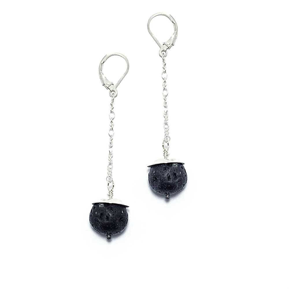 Boucles d'oreilles diffuseur, boucles d'oreilles en pierre de lave, boucles d'oreilles boule et chaîne noires, cadeau d'aromathérapie pour femme