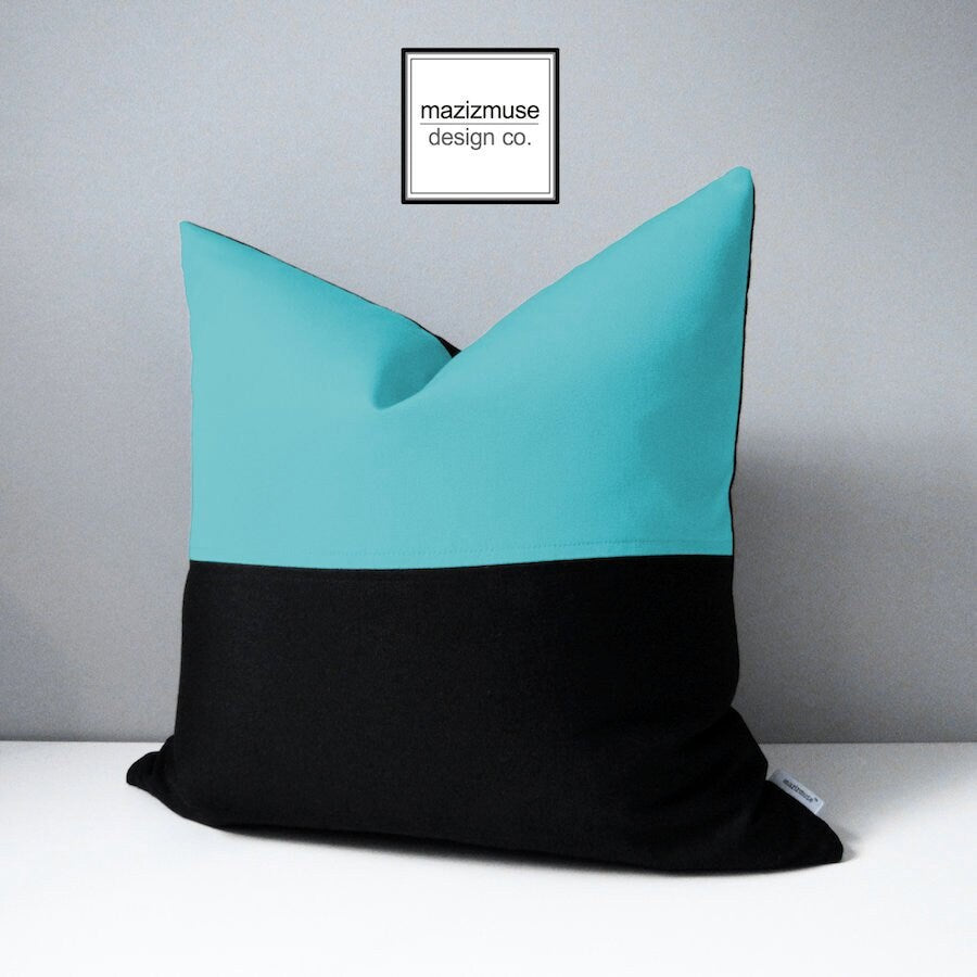 Housse de coussin d'extérieur Sunbrella noir et bleu véritable, housse de coussin à blocs de couleurs