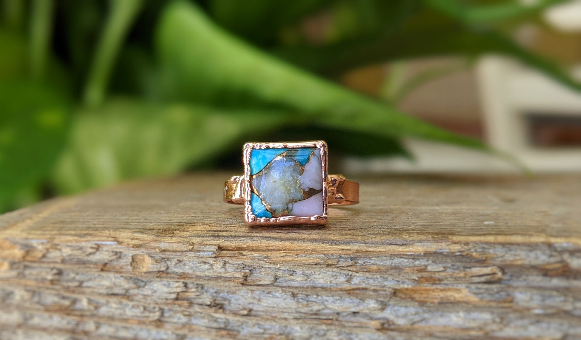 Pink Opal Copper Turquoise ring