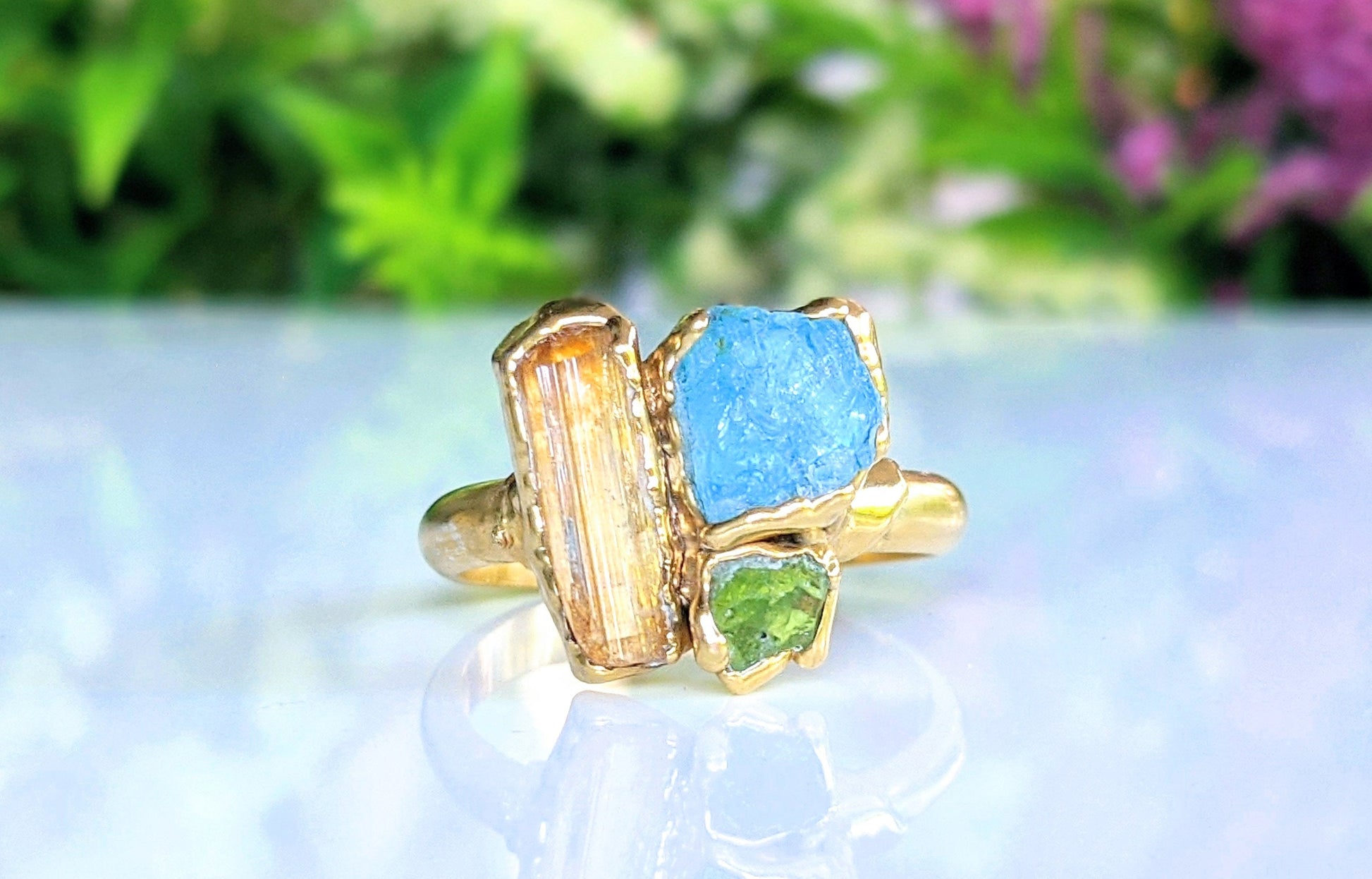 Raw Topaz, Aquamarine and Peridot cluster ring