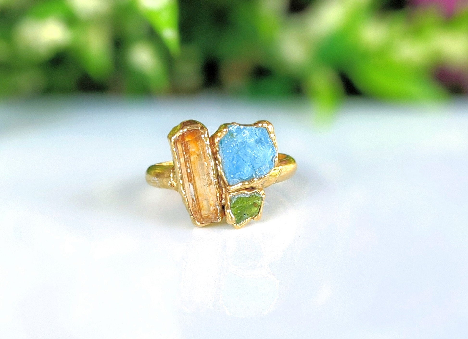 Raw Topaz, Aquamarine and Peridot cluster ring