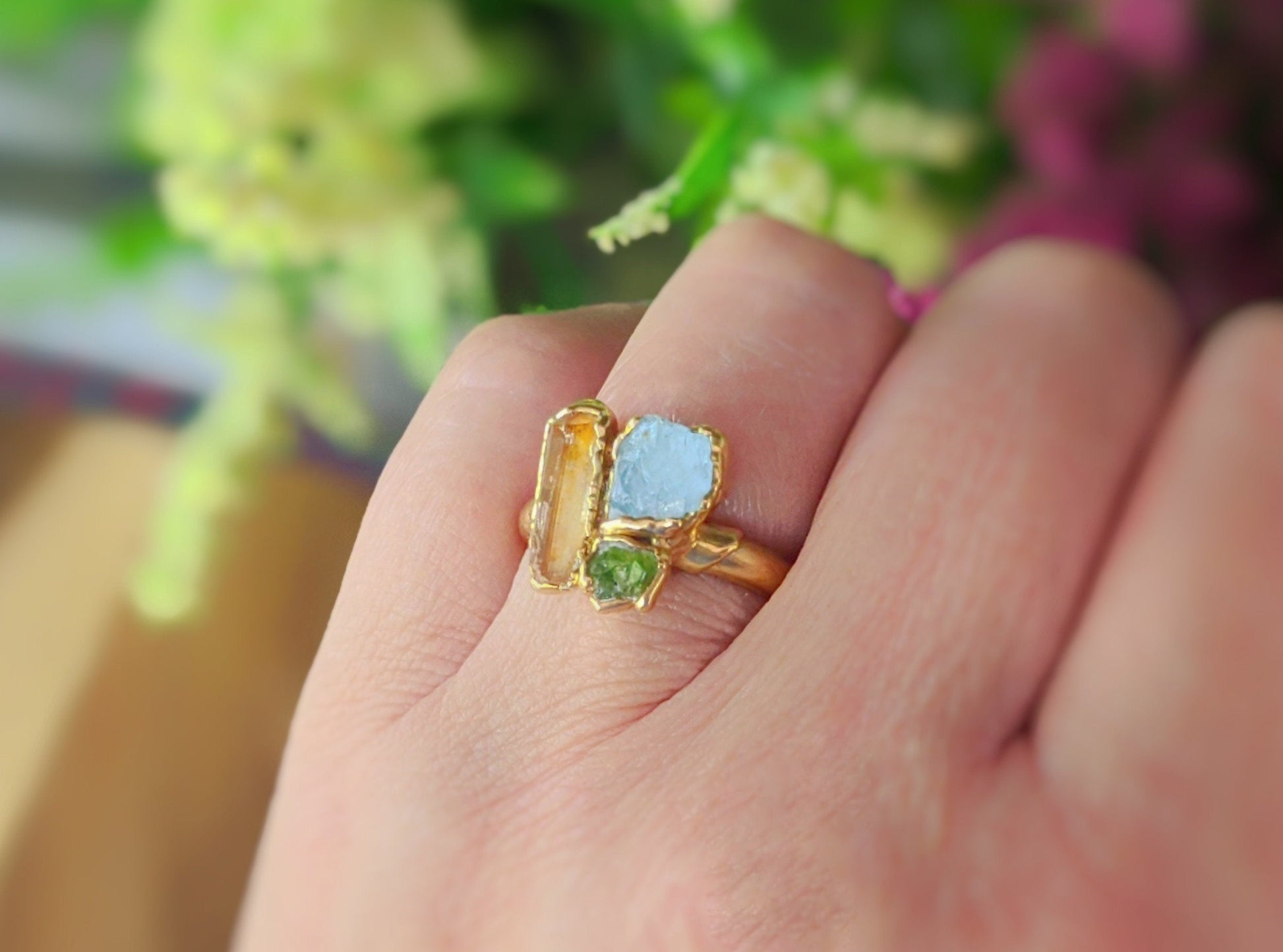 Raw Topaz, Aquamarine and Peridot cluster ring